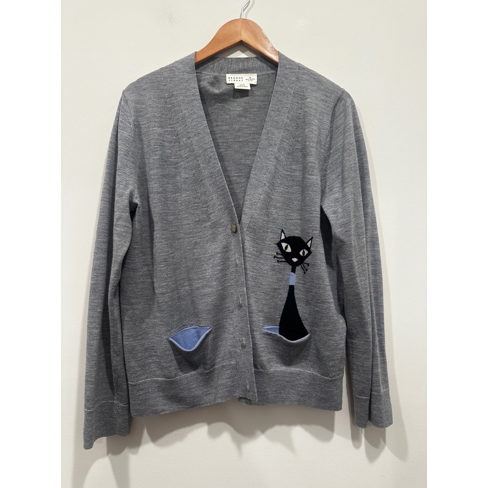 Kate Spade Broome Street Gray Wool Black Cat Pocket Cardigan Sweater XL